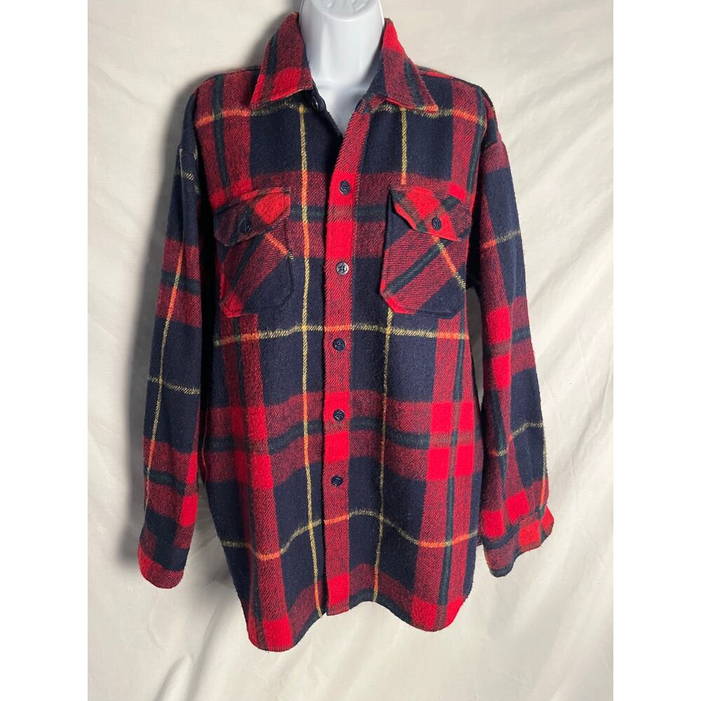 Grizzly Plaid Wool Linen Shirt Jacket Red Blue Size Large Button Front